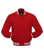 Crimson Classic Wool Varsity Jacket: Front view displaying the vibrant crimson wool and contrasting stripes on cuffs and hem, featuring an embroidered logo on the chest.