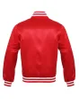 Crimson Red Striped Satin Bomber Jacket: Back view displaying the crimson red satin fabric and the jacket's design elements from behind, featuring its stylish stripes.