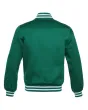 Forest Green Striped Satin Bomber Jacket: Back view displaying the forest green satin fabric and the jacket's design elements from behind, featuring its distinct stripes.