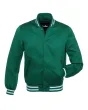 Forest Green Striped Satin Bomber Jacket: Front view showcasing the deep forest green satin fabric with contrasting stripes on cuffs and hem, featuring a stylish bomber design.