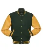 Forest Green Wool and Gold Leather American Varsity Jacket - Front View