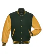 Forest Green and Gold Striped Cowhide Leather Varsity Jacket - Front View