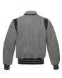 Back side view of Grey Retro Varsity Jacket showcasing the clean design with lightweight lining and classic grey wool sleeves.