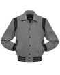 Front view of Grey Retro Varsity Jacket featuring a retro collar, sleek grey wool body and sleeves, accented by contrasting black leather shoulder inserts.