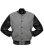 Grey Wool Body American Varsity Jacket with Black Leather Sleeves - Front View