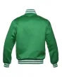 Kelly Green Striped Satin Bomber Jacket: Back view displaying the kelly green satin fabric and the jacket's design elements from behind, featuring its distinct stripes.