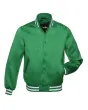 Kelly Green Striped Satin Bomber Jacket: Front view showcasing the vibrant kelly green satin fabric with contrasting stripes on cuffs and hem, featuring a stylish bomber design.