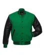 Kelly Green and Black Striped Cowhide Leather Varsity Jacket - Front View