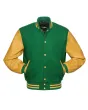 Kelly Green Wool and Gold Leather American Varsity Jacket - Front View