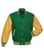 Kelly Green and Gold Striped Cowhide Leather Varsity Jacket - Front View