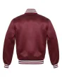 Maroon Striped Satin Bomber Jacket: Back view displaying the maroon satin fabric and the jacket's design elements from behind, featuring its distinct stripes.
