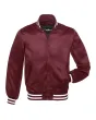 Maroon Striped Satin Bomber Jacket: Front view showcasing the elegant maroon satin fabric with contrasting stripes on cuffs and hem, featuring a stylish bomber design.