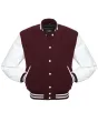 Maroon Wool Body American Varsity Jacket with White Leather Sleeves - Front View