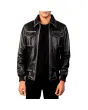 mens-onyx-black-leather-bomber-front-open-view
