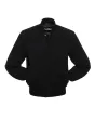 Midnight Classic Wool Varsity Jacket: Front view showcasing sleek, midnight-colored wool with contrasting stripes on cuffs and hem. Logo embroidered on the chest.