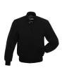 Midnight Classic Wool Varsity Jacket: Front side view revealing the profile of the jacket with a focus on the sleeve, highlighting the classic striped detailing.