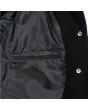 Midnight Classic Wool Varsity Jacket: displaying the jacket's fit and style, emphasizing the smooth wool texture and contrasting sleeves.