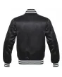 Midnight Monochrome Satin Bomber Jacket: Back view displaying the monochrome satin fabric, providing a glimpse of the jacket's design and detailing from behind.