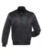 Midnight Monochrome Satin Bomber Jacket: Front view showcasing the sleek midnight-colored satin fabric with minimalistic accents and ribbed cuffs and hem.