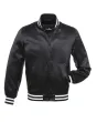 Midnight Monochrome Satin Bomber Jacket: Front view showcasing the sleek midnight-colored satin fabric with minimalistic accents and ribbed cuffs and hem.