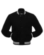 Midnight Monochrome Wool Varsity Jacket: Front view displaying the sleek, monochrome design with minimalistic accents and a focus on the embroidered logo.