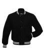 Midnight Monochrome Wool Varsity Jacket: Front view emphasizing the clean lines, black-on-black detailing, and the classic varsity style of the jacket.