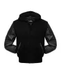 Front view of Midnight Run Black Wool Varsity Jacket showcasing ribbed cuffs and hem, button-up closure, and contrasting leather sleeves.