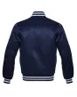 Nautical Navy Blue Striped Satin Bomber Jacket: Back view displaying the navy blue satin fabric and the jacket's design elements from behind, featuring its distinct stripes.