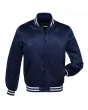 Nautical Navy Blue Striped Satin Bomber Jacket: Front view showcasing the rich navy blue satin fabric with contrasting stripes on cuffs and hem, featuring a stylish bomber design.