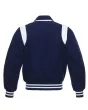 Back side view of Navy Blue Retro Varsity Jacket showcasing the clean design with lightweight lining and classic navy blue wool sleeves.