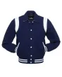 Front view of Navy Blue Retro Varsity Jacket featuring a retro collar, navy blue wool body and sleeves, and contrasting white leather shoulder inserts.