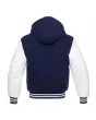 Back side view of Navy Blue and White Varsity Jacket showcasing the clean back design with quilted lining, highlighting the contrast between navy blue wool and white leather sleeves.