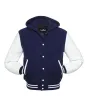 Front view of Navy Blue and White Varsity Jacket featuring a hoodie collar, navy blue wool body, and contrasting white leather sleeves.