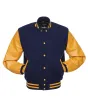 Navy Blue Wool American Varsity Jacket with Gold Vinyl Sleeves - Front View