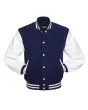 Navy Blue Wool American Varsity Jacket with White Vinyl Sleeves - Front View