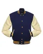 Navy Blue Wool Body American Varsity Jacket with Cream Leather Sleeves - Front View