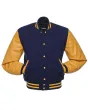 Navy Blue Wool Body American Varsity Jacket with Gold Leather Sleeves - Front View