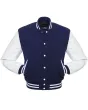 Navy Blue Wool and Cowhide Leather American Varsity Jacket - Front View