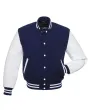 Navy Blue and Cowhide Leather Varsity Jacket - Front View