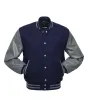 Navy Blue Wool and Cowhide Leather American Varsity Jacket - Front View