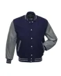 Navy Blue and Grey Cowhide Leather Varsity Jacket - Front View