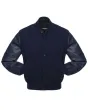 Navy Blue Wool and Cowhide Leather American Varsity Jacket - Front View