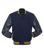 Navy Blue Wool and Cowhide Leather American Varsity Jacket - Front View