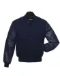 Navy Blue and Cowhide Leather Varsity Jacket - Front View
