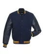 Navy Blue and Gold Striped Cowhide Leather Varsity Jacket - Front View