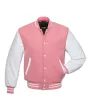 Pink and White Striped Cowhide Leather Varsity Jacket - Front View