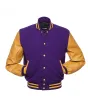 Purple Wool Body American Varsity Jacket with Gold Leather Sleeves - Front View