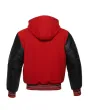 Back side view of Red and Black Varsity Jacket showcasing the clean design with quilted lining, highlighting the contrast between red wool and sleek black leather sleeves.