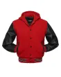 Front view of Red and Black Varsity Jacket featuring a hoodie collar, vibrant red wool body, and sleek black leather sleeves.