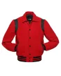 Front view of Red Retro Varsity Jacket featuring a retro collar, vibrant red wool body and sleeves, complemented by sleek black leather shoulder inserts.